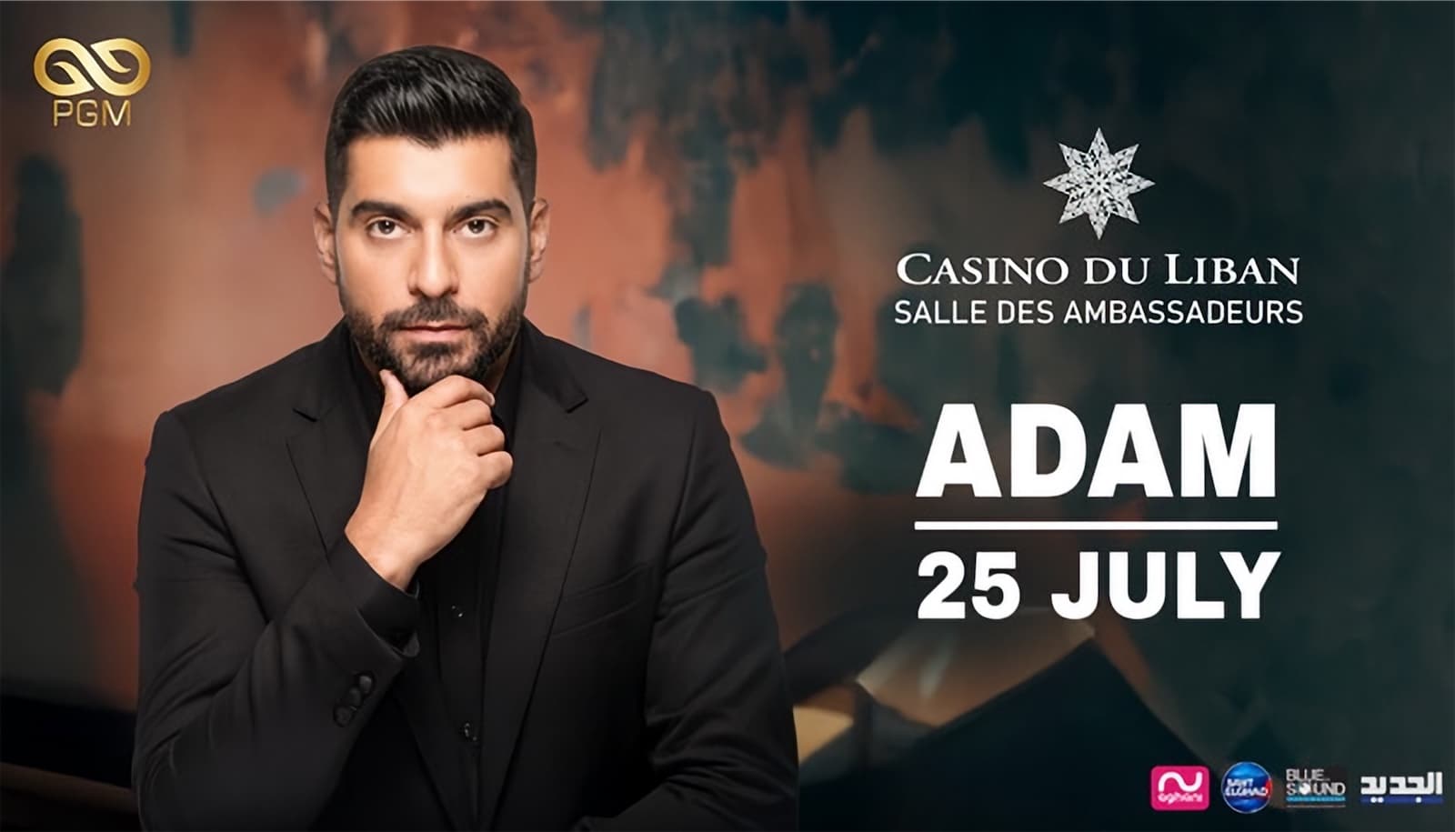 Adam poster: the singer in a black suit, hand at his chin, beside the Casino du Liban star and Salle des Ambassadeurs, 25 July, PGM