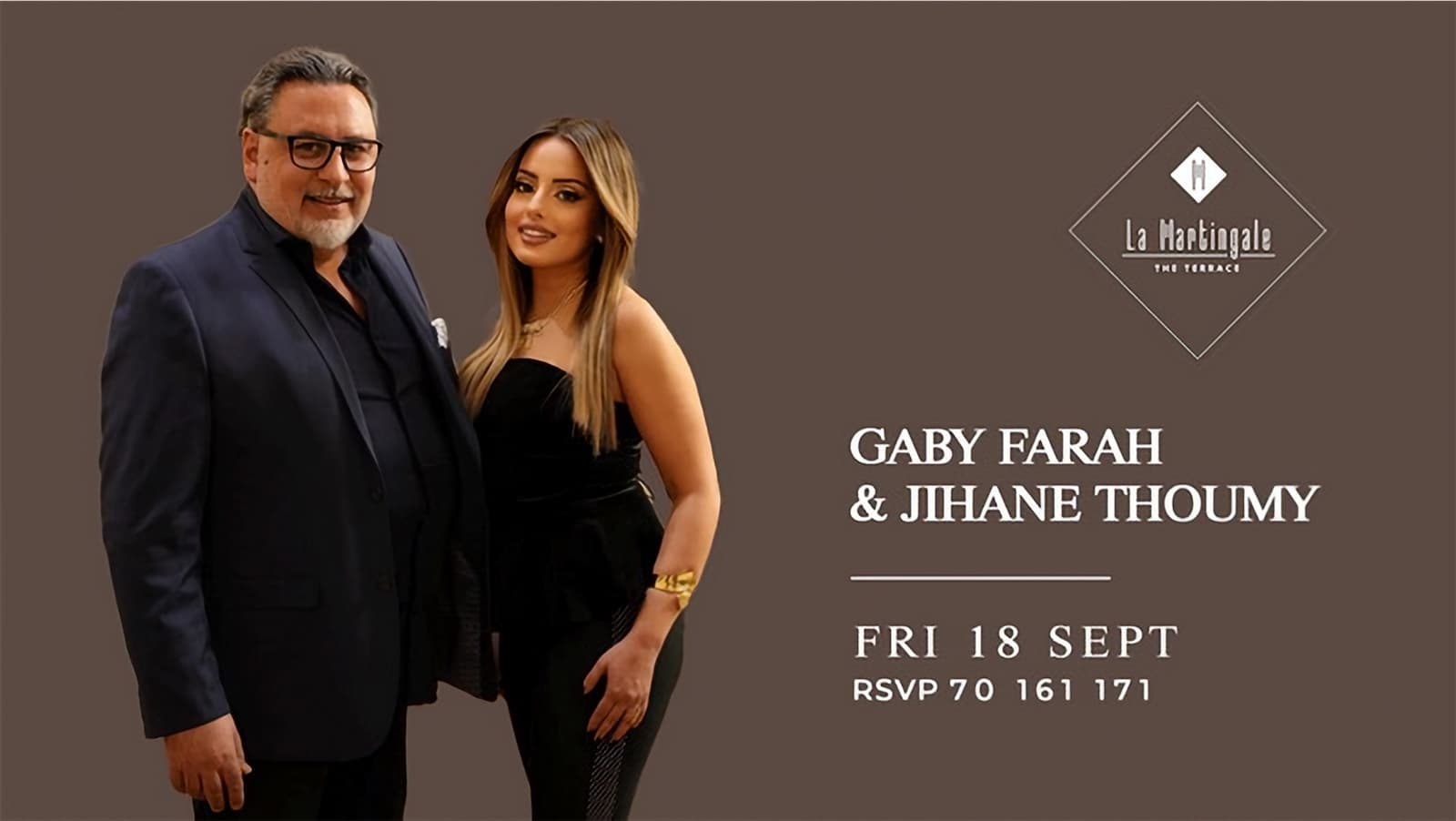 Gaby Farah and Jihane Thoumy poster: the two singers side by side in black beside the La Martingale Terrace mark, Friday 18 September, RSVP 70 161 171