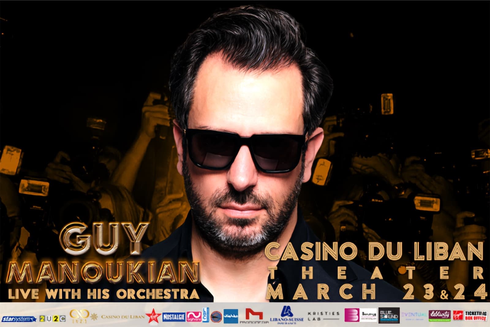 Guy Manoukian poster: the pianist in dark glasses, Live with his orchestra, Casino du Liban Theater, March 23 and 24, sponsor logos below