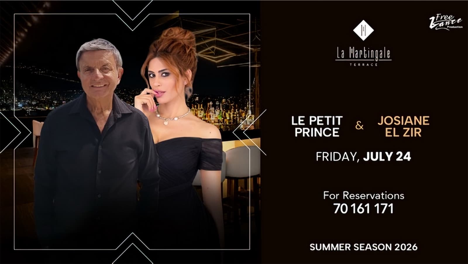 Le Petit Prince and Josiane El Zir poster: the two performers in a diamond frame over a night view of the bay, La Martingale Terrace, Friday July 24, Summer Season 2026