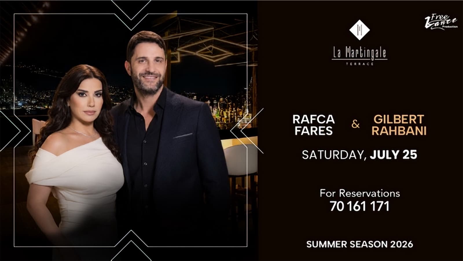 Rafca Fares and Gilbert Rahbani poster: the duo in a diamond frame over a night view of the bay, La Martingale Terrace, Saturday July 25, Summer Season 2026