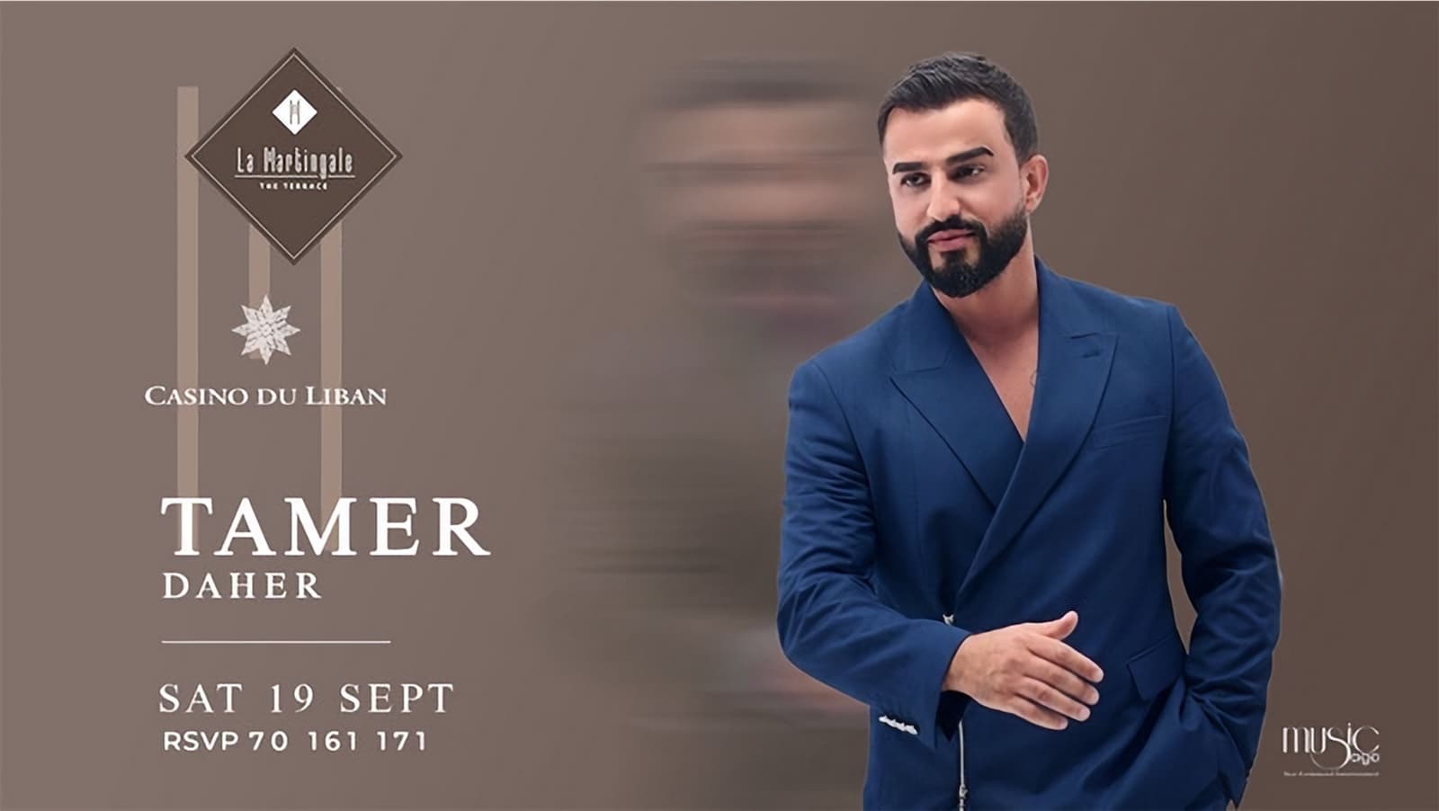 Tamer Daher poster: the singer in a blue suit against a warm brown ground, La Martingale and Casino du Liban marks, Sat 19 Sept, RSVP 70 161 171